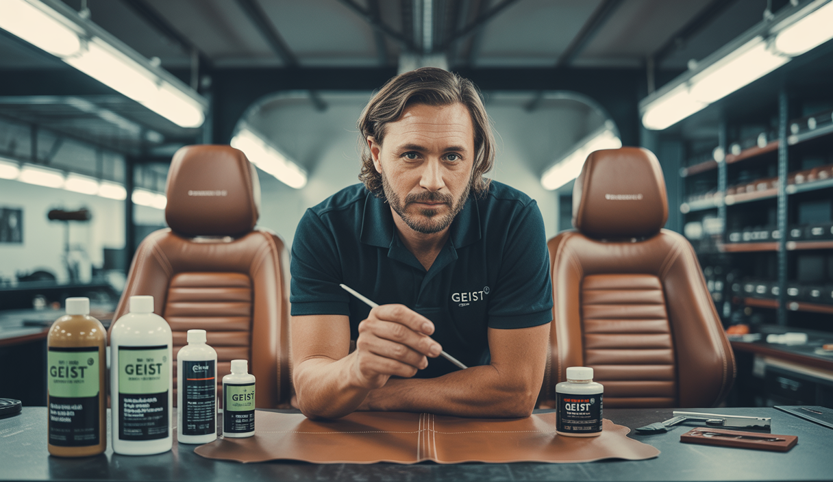 Formation professionnelle Geist en rénovation du cuir automobile avec démonstration pratique et produits sans solvant dans un atelier moderne